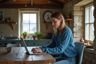 Femme travaillant sur un laptop dans une maison bretonne