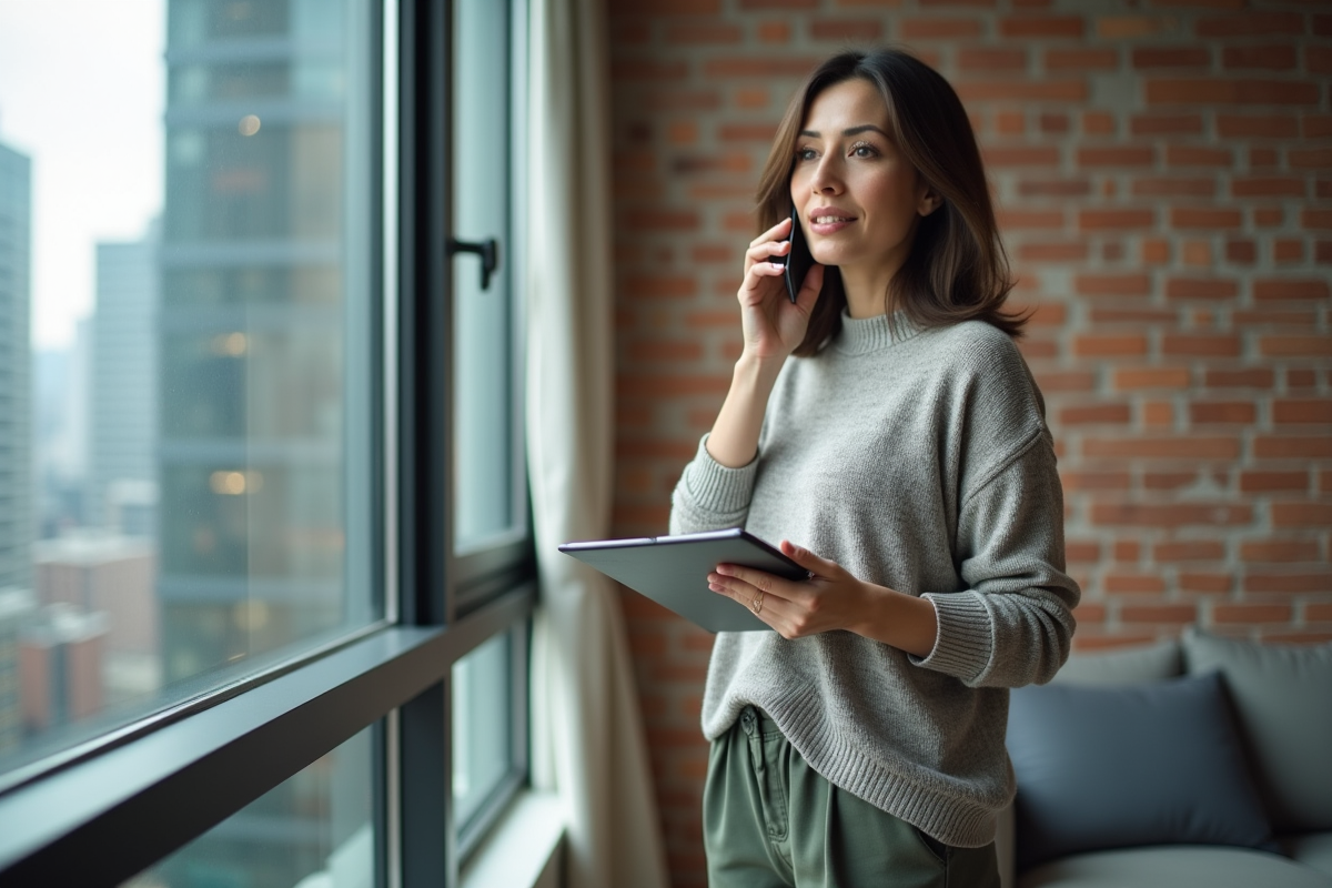 Femme en ville parle au téléphone près d