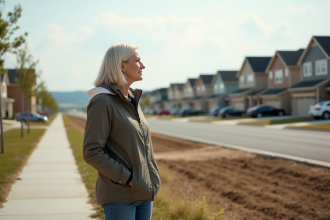 Femme d'âge moyen regardant vers de nouvelles maisons en banlieue