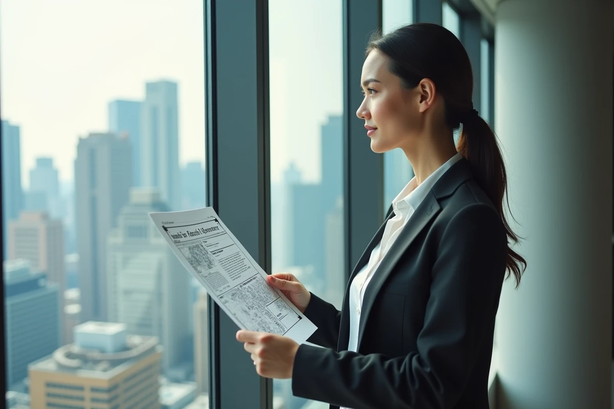 Femme d affaires regardant la ville avec un plan immobilier
