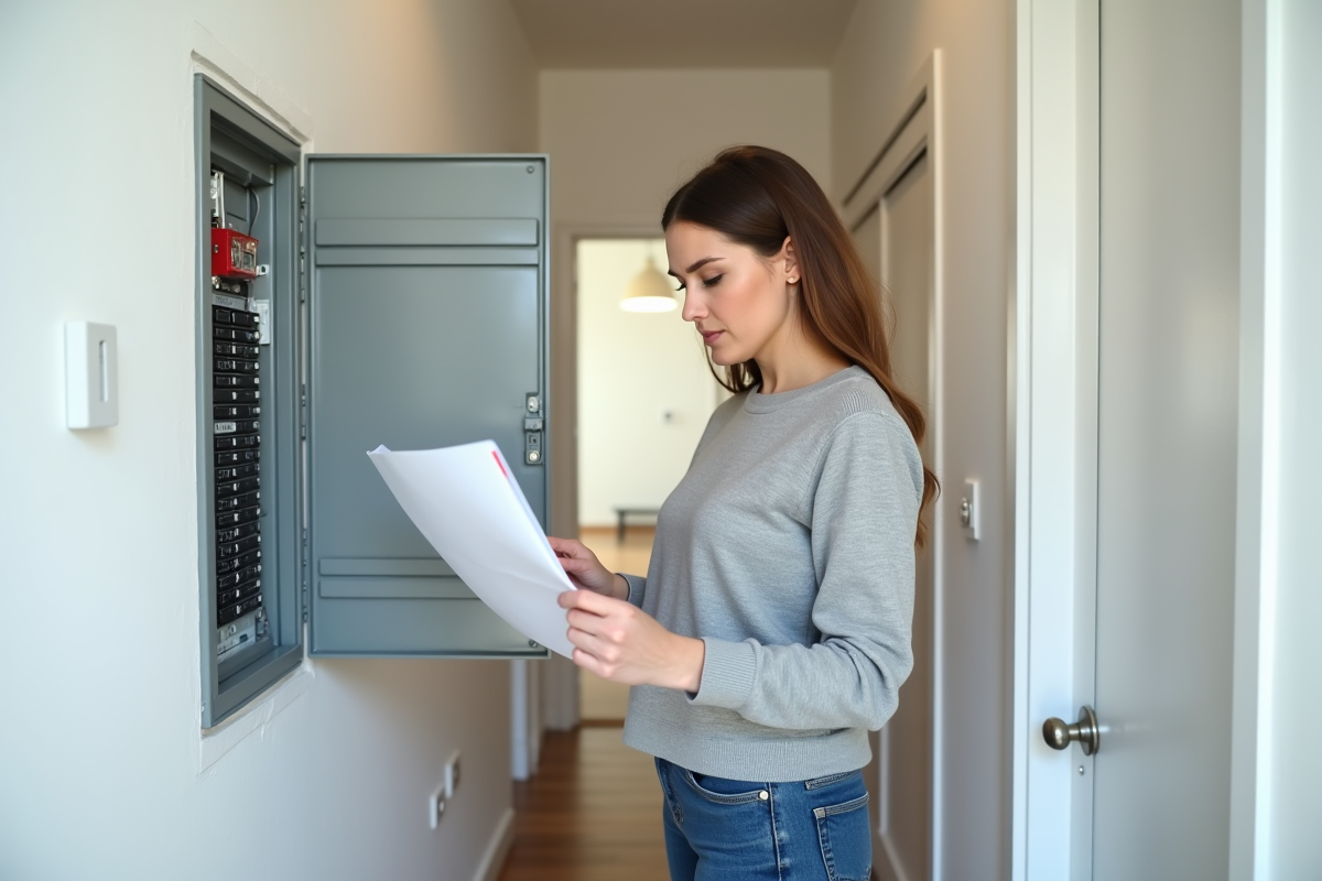 Femme vérifiant un panneau électrique dans un appartement
