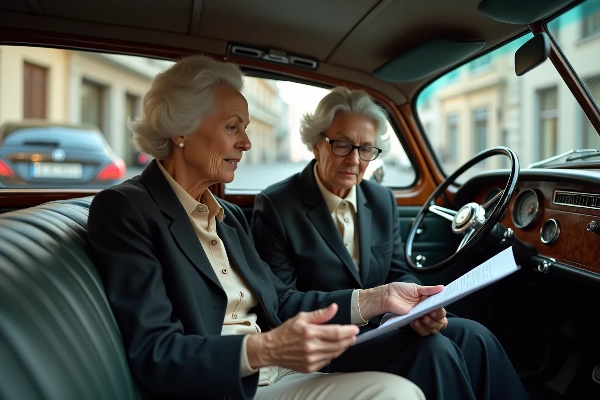 Deux femmes &acirc;g&eacute;es discutant dans une voiture vintage