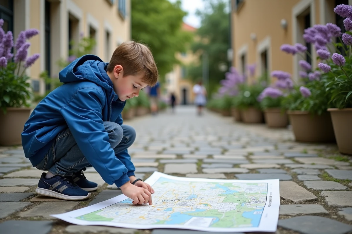 Jeune garçon traçant un itinéraire sur une carte en plein air