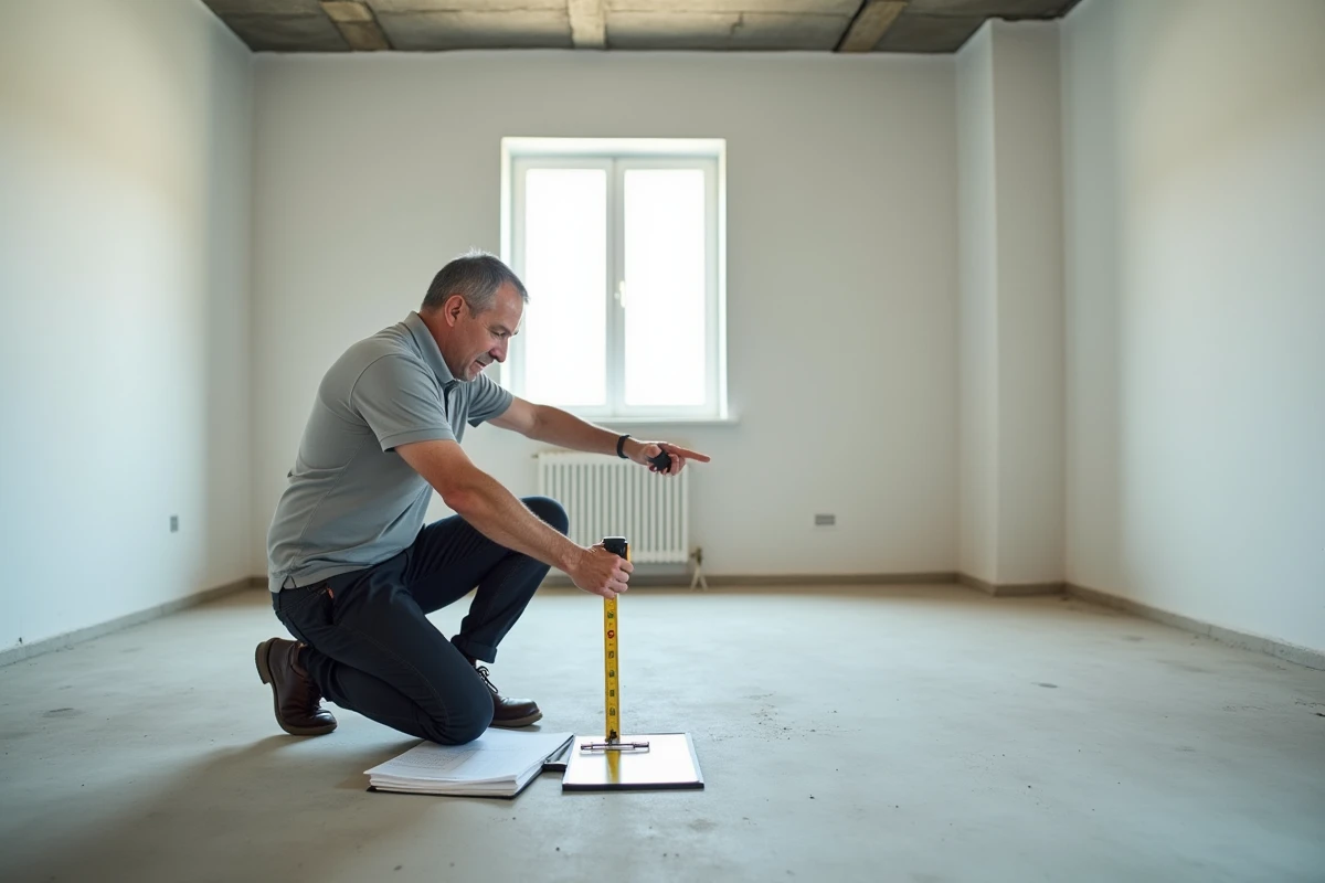 Géomètre mesurant la surface d'un appartement vide avec un télémètre laser lors d'une expertise immobilière