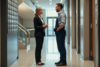 Gestionnaire immobilier femme avec ouvrier dans un couloir moderne