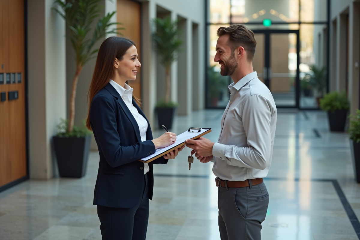 Agent immobilier remettant les clés à un locataire souriant dans un hall moderne