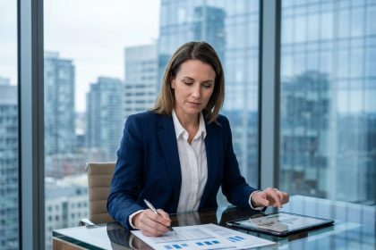 Gestionnaire de patrimoine immobilier analysant des rapports de gestion locative dans un bureau moderne avec vue sur la ville