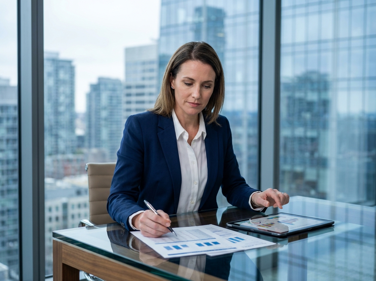 Gestionnaire de patrimoine immobilier analysant des rapports de gestion locative dans un bureau moderne avec vue sur la ville