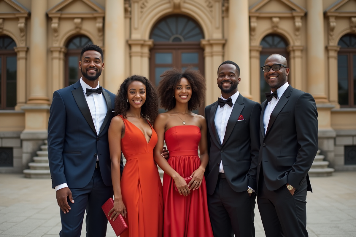 Groupe de personnes élégantes devant un bâtiment historique