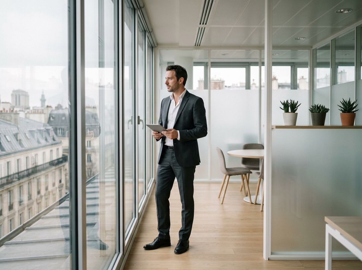 Homme d'affaires dans un bureau loué avec vue sur les toits de Paris
