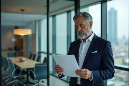 Homme d'affaires en costume bleu examine un contrat dans un bureau moderne