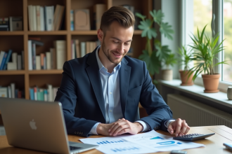 Jeune homme d'affaires en costume examine des documents immobiliers