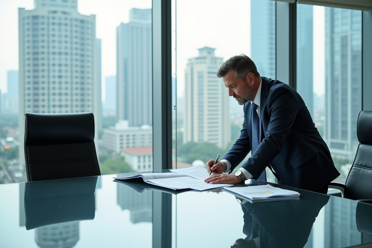 Homme d'affaires confiant examinant des rapports immobiliers