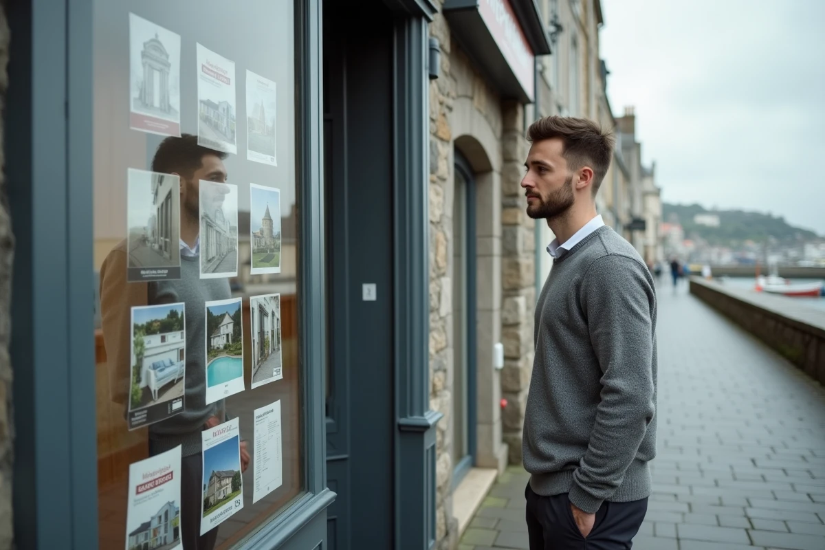 Homme consultant des annonces immobilières devant une agence à Concarneau pour louer un appartement
