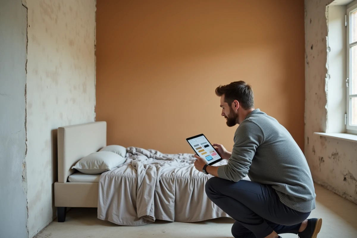 Homme comparant des teintes de peinture sur une application de décoration murale dans une chambre en cours de rénovation