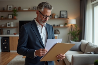 Homme d'âge moyen en costume tenant une police d'assurance habitation
