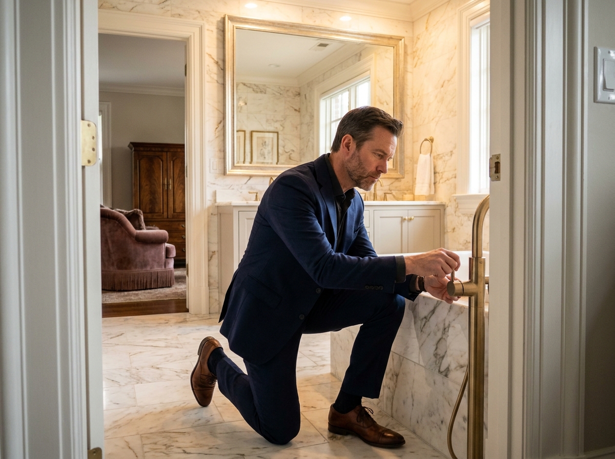 Homme en costume vérifiant un lavabo en marbre