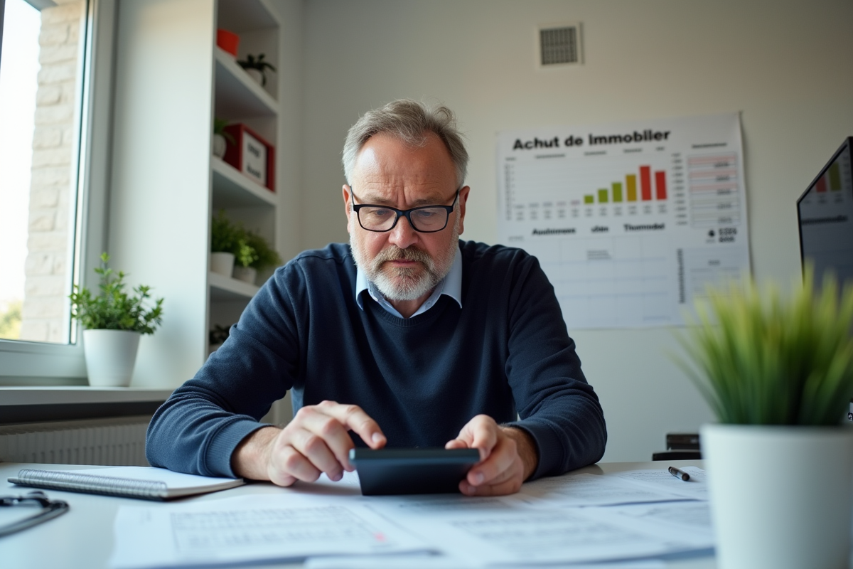 Homme calculant mensualites avec documents immobiliers