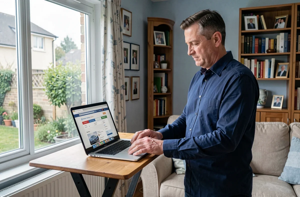 Homme comparant des offres d'assurance habitation en ligne dans une maison de banlieue parisienne
