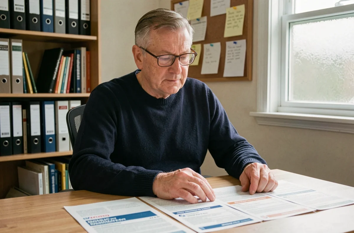 Homme âgé comparant des devis d'assurance habitation imprimés dans un bureau à domicile