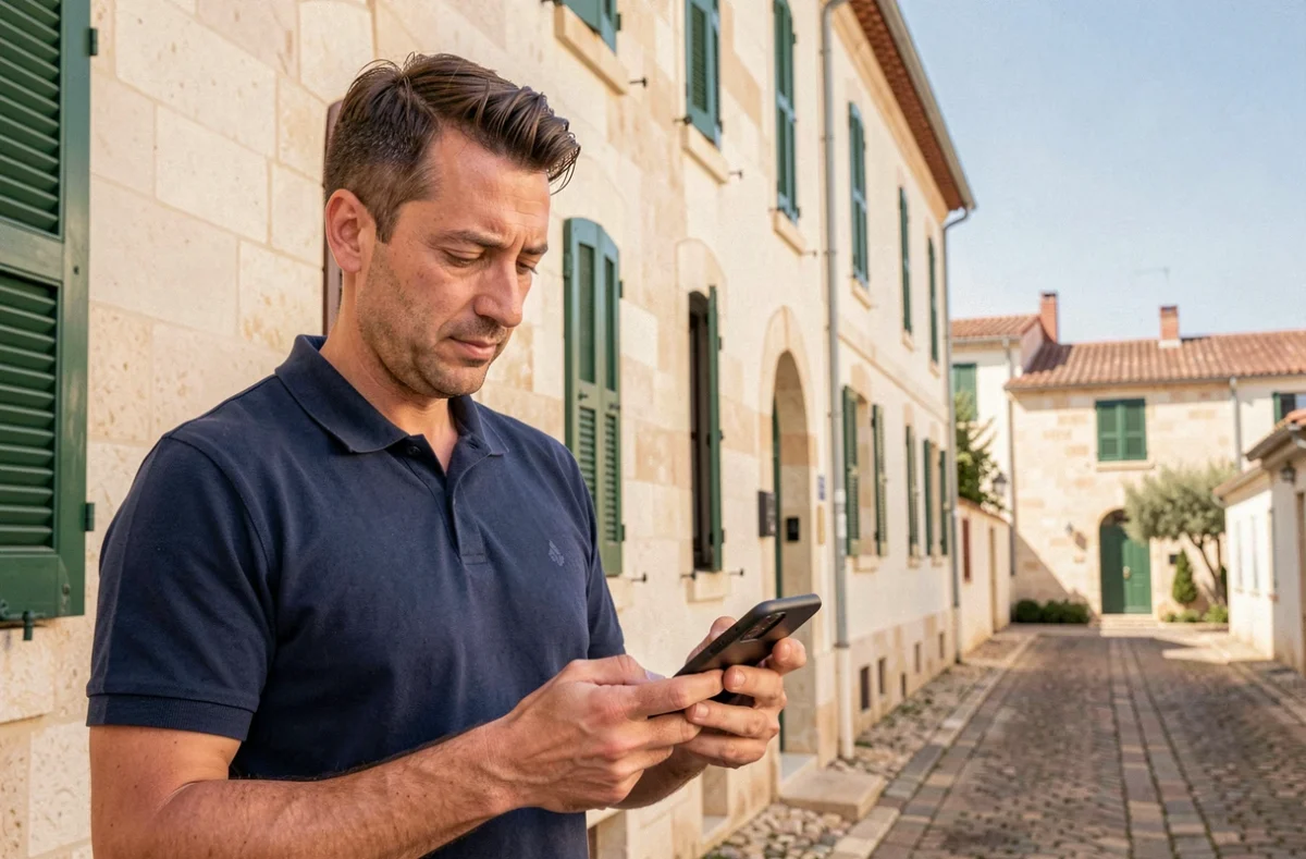Homme consultant un comparateur d'assurance habitation sur smartphone devant un immeuble typique de Montpellier
