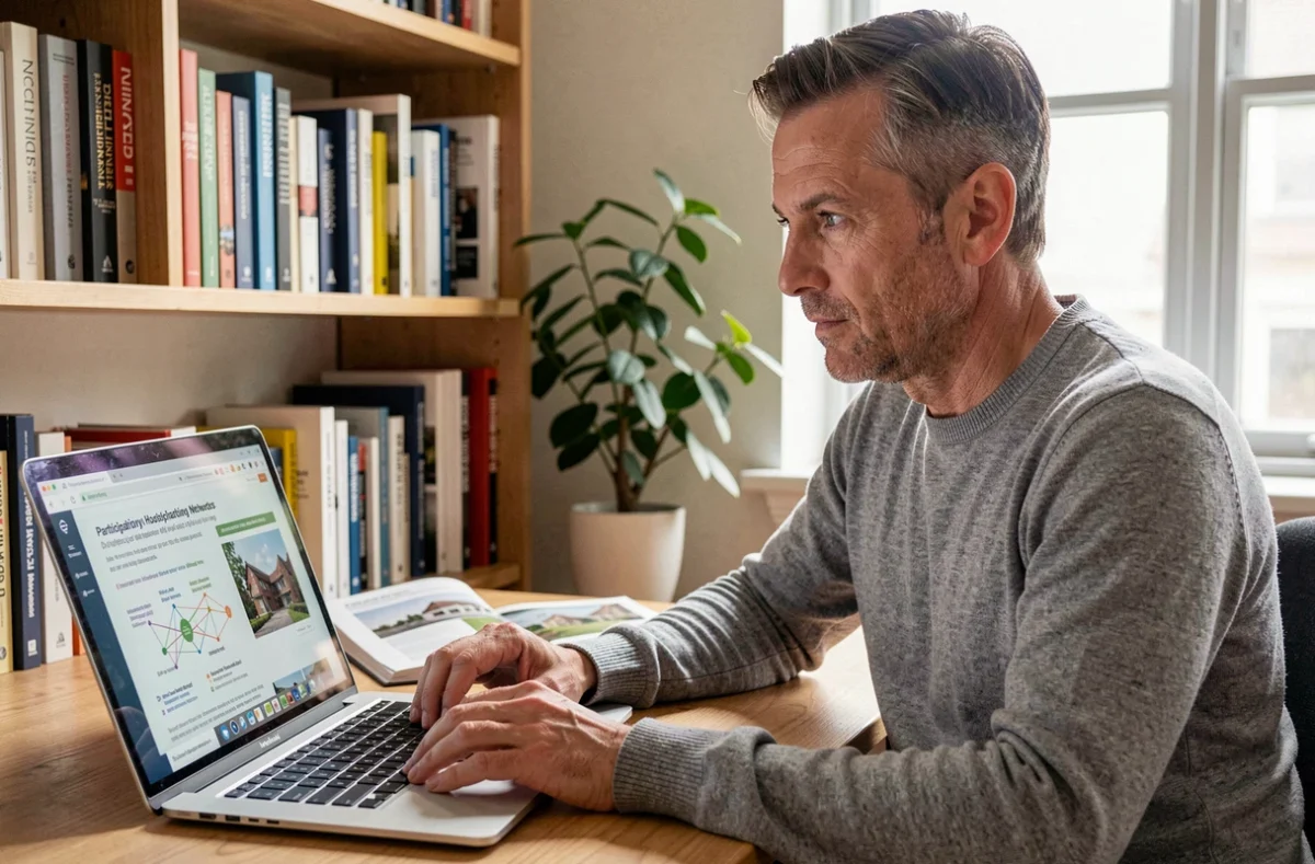 Homme consultant le site internet d'une plateforme nationale d'habitat participatif depuis son bureau à domicile