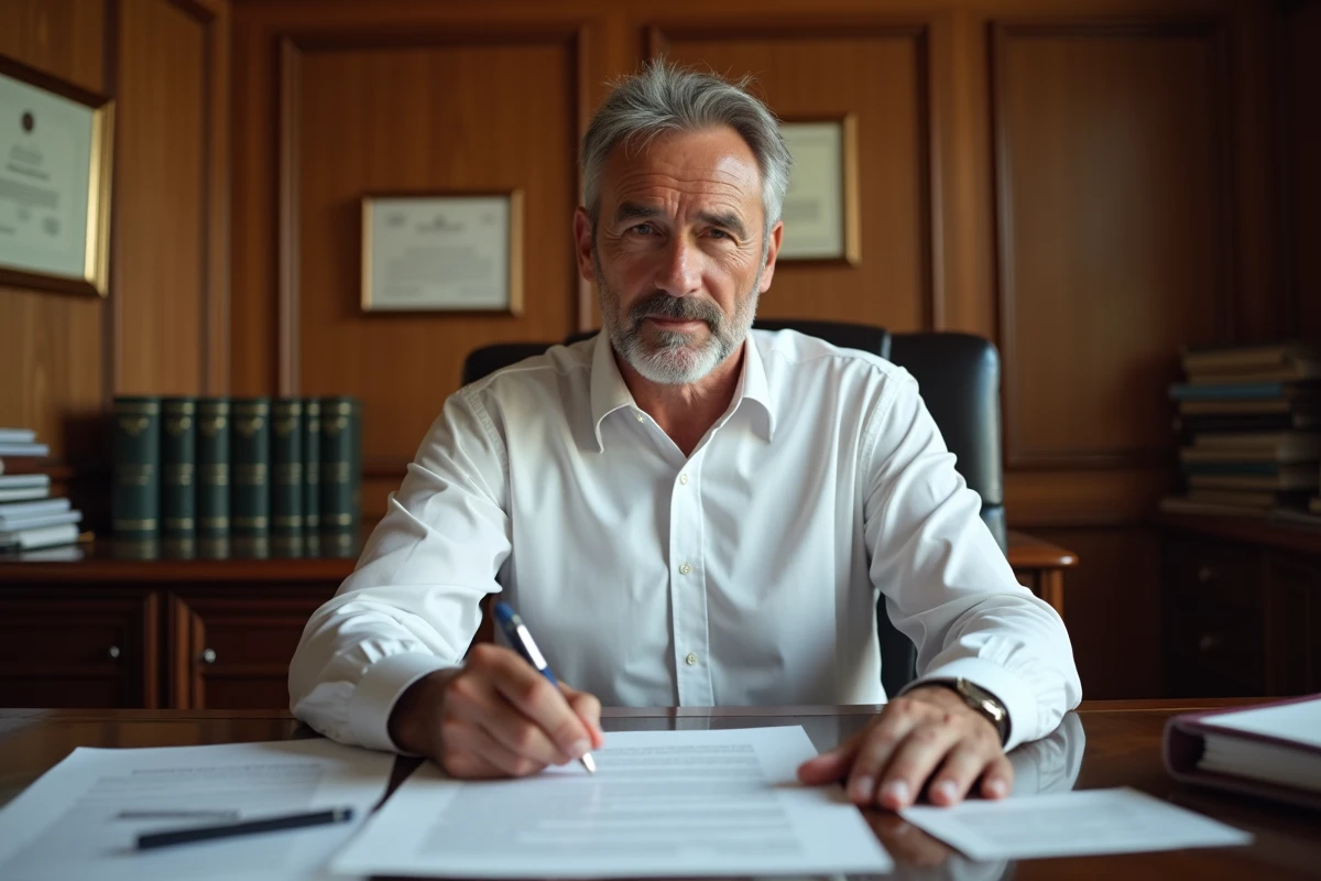 Homme consultant des documents légaux dans un cabinet notarial pour demander des explications