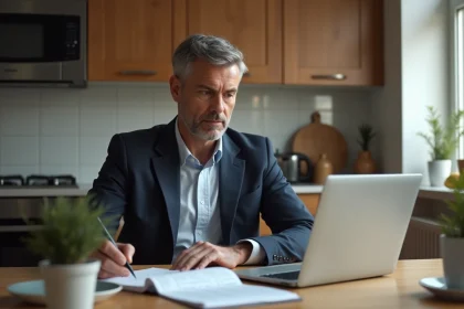 Homme d'&acirc;ge moyen en blazer regardant son ordinateur pour un article copro