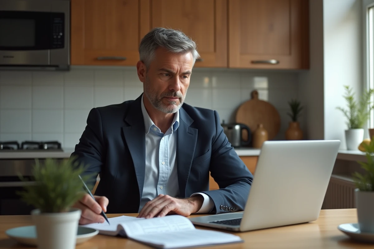 Homme d'âge moyen en blazer regardant son ordinateur pour un article copro