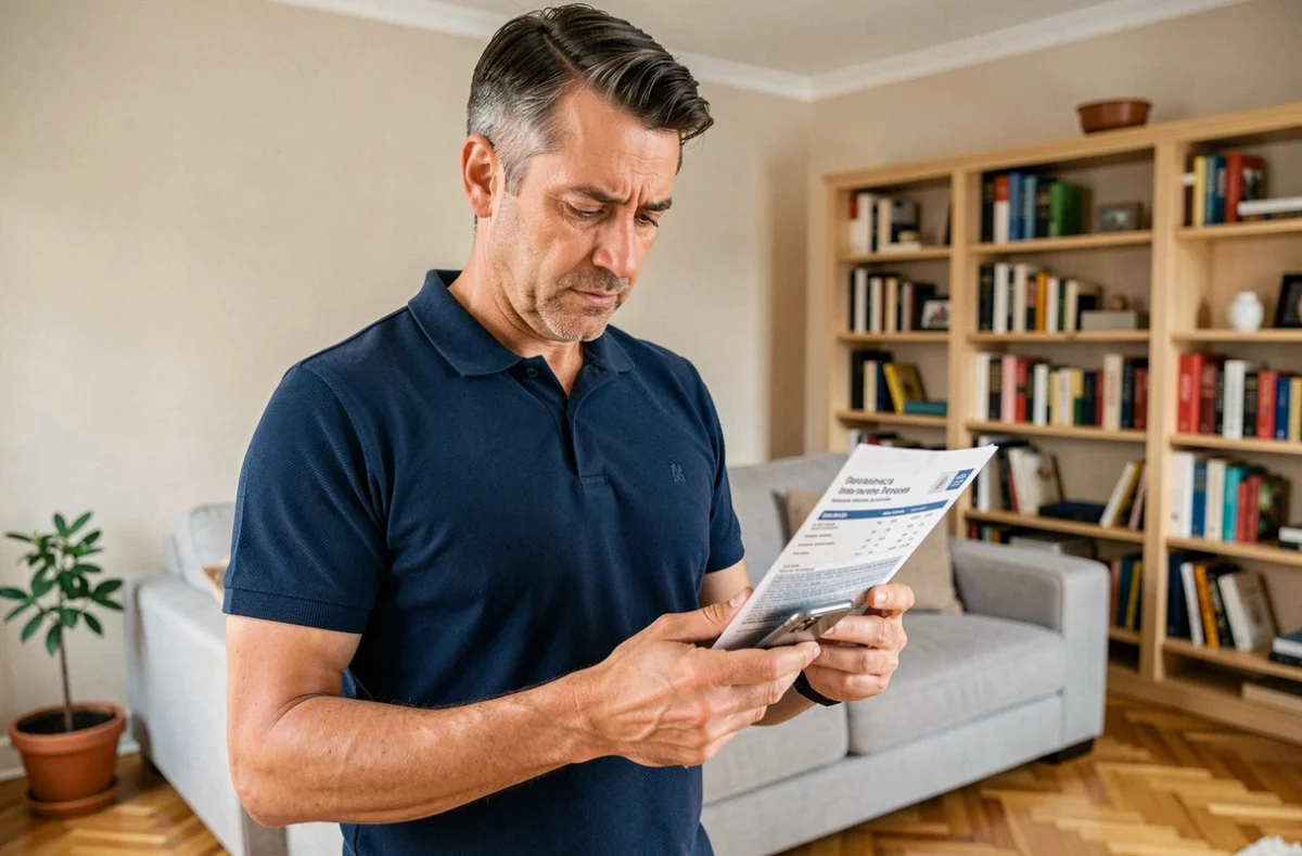 Homme consultant un devis d'assurance habitation sur son smartphone dans son salon