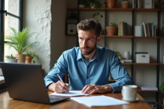 Homme écrivant une lettre dans un appartement urbain