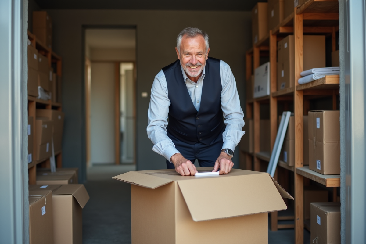 Homme emballant des cartons dans un espace de stockage