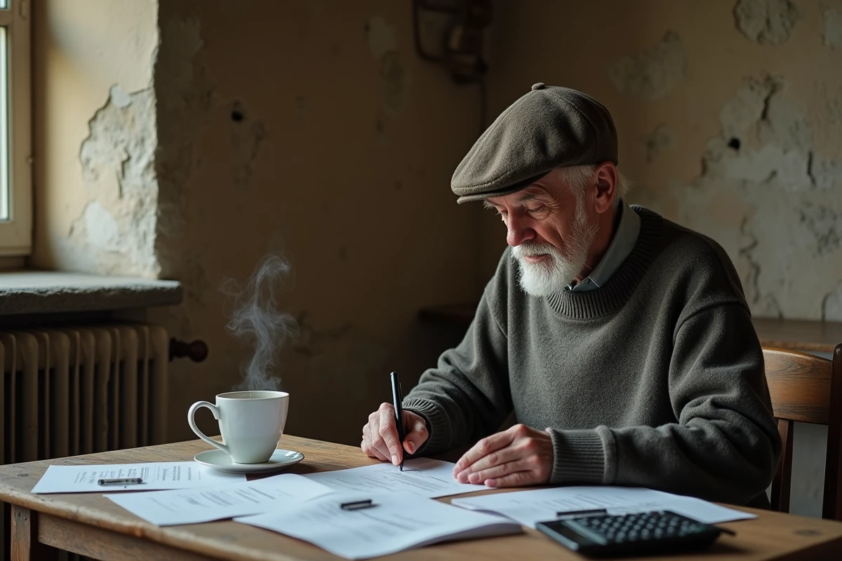 Homme âgé étudiant des papiers dans une pièce de château