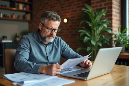 Homme d'âge moyen étudiant documents immobiliers