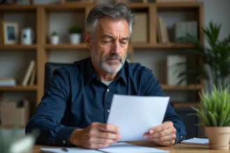 Homme examinant un courrier administratif officiel reçu à son domicile, air perplexe face à l'expéditeur