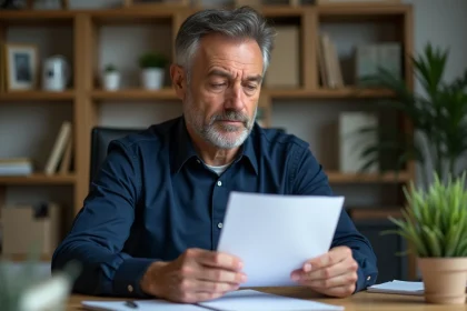 Homme examinant un courrier administratif officiel reçu à son domicile, air perplexe face à l'expéditeur