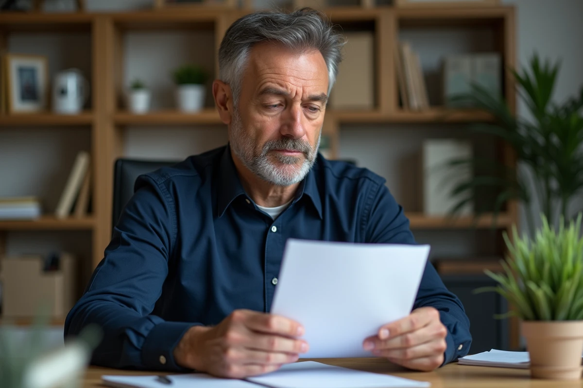 Homme examinant un courrier administratif officiel reçu à son domicile, air perplexe face à l'expéditeur