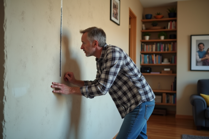 Homme d'âge moyen inspectant un mur intérieur en plâtre