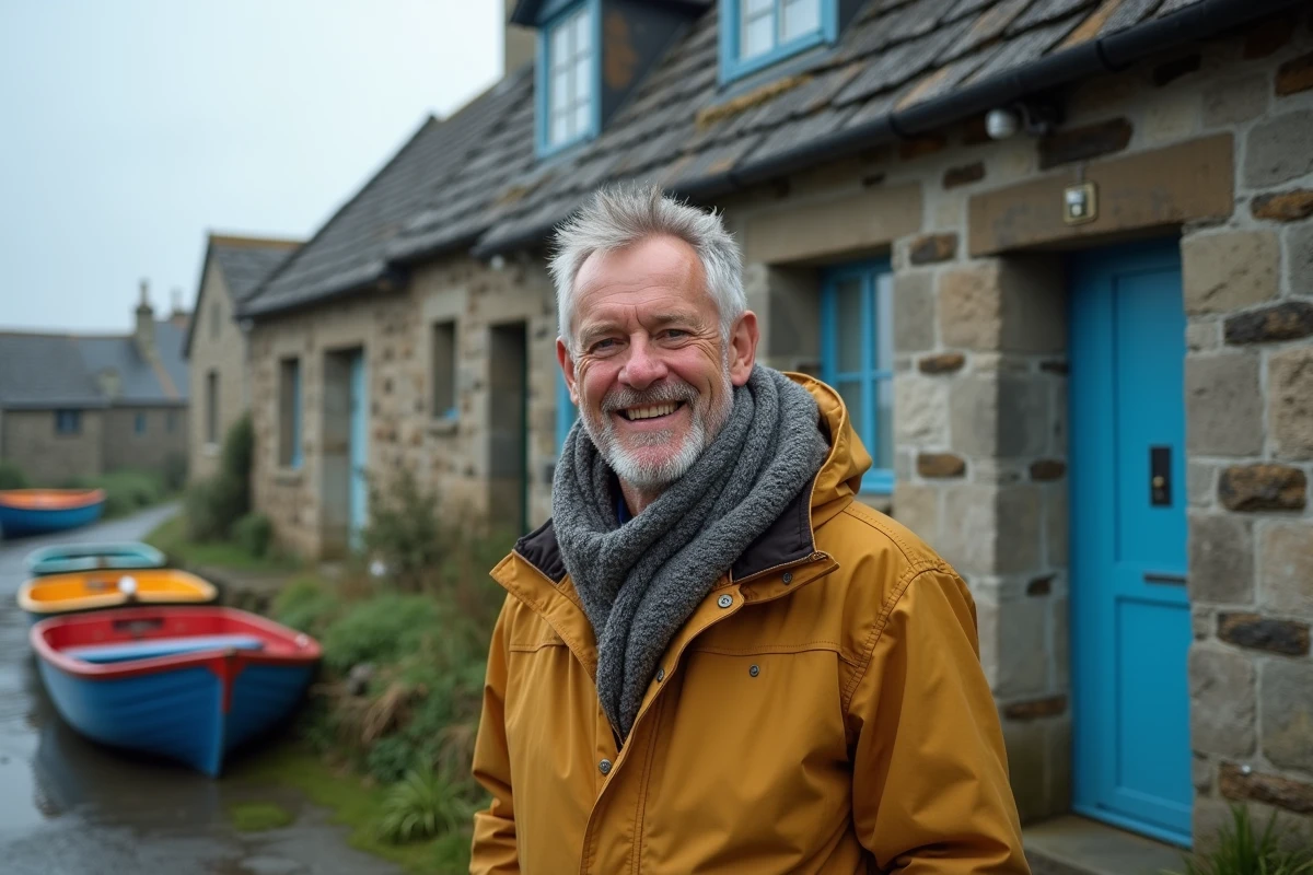 Homme en imperméable breton souriant devant sa maison