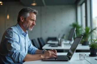 Homme d'affaires frustré devant un intranet figé au bureau