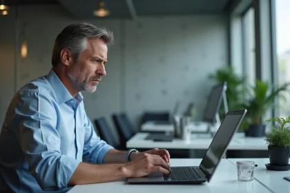 Homme d'affaires frustr&eacute; devant un intranet fig&eacute; au bureau