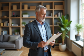 Homme d'âge moyen parlant au téléphone dans un appartement