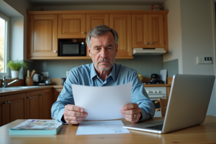 Homme anxieux examinant des documents d'assurance à la maison
