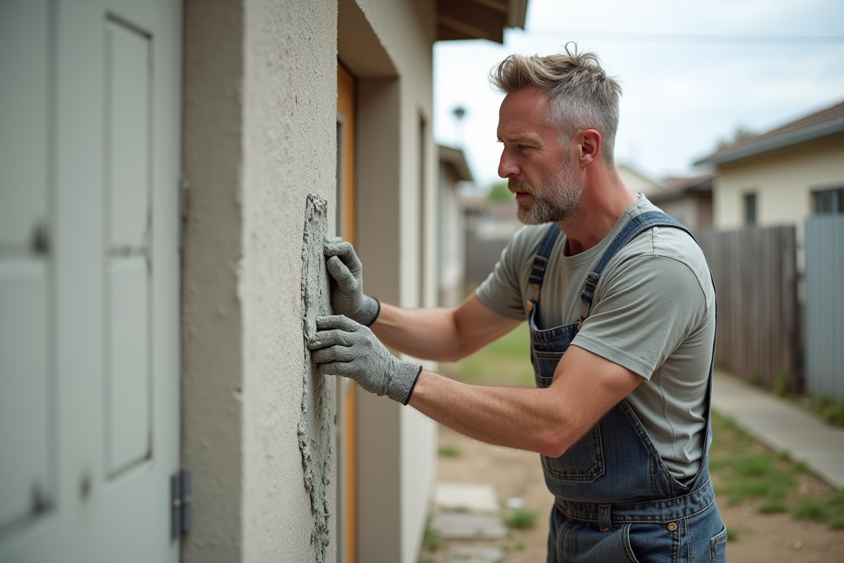 Hommes en overalls appliquant du plâtre sur une façade