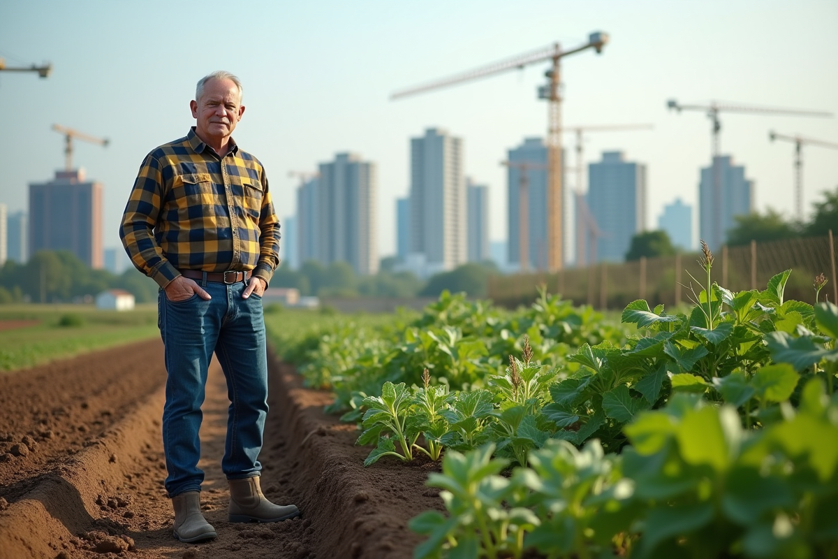 Homme dans jardin face à urbanisation croissante