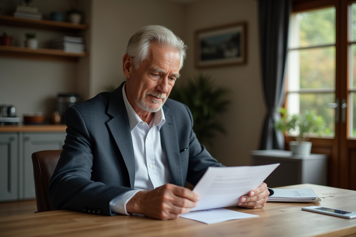 Homme d age lisant des documents dans un salon lumineux