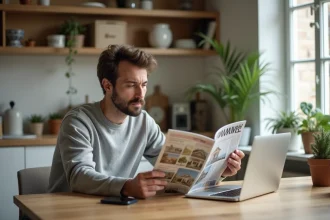 Homme étudiant un magazine immobilier dans sa cuisine