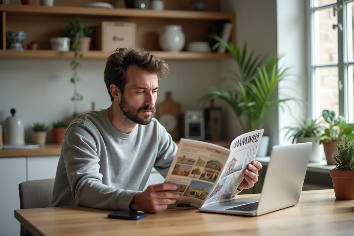 Homme étudiant un magazine immobilier dans sa cuisine