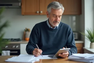 Homme d'âge moyen lisant des documents dans une cuisine moderne