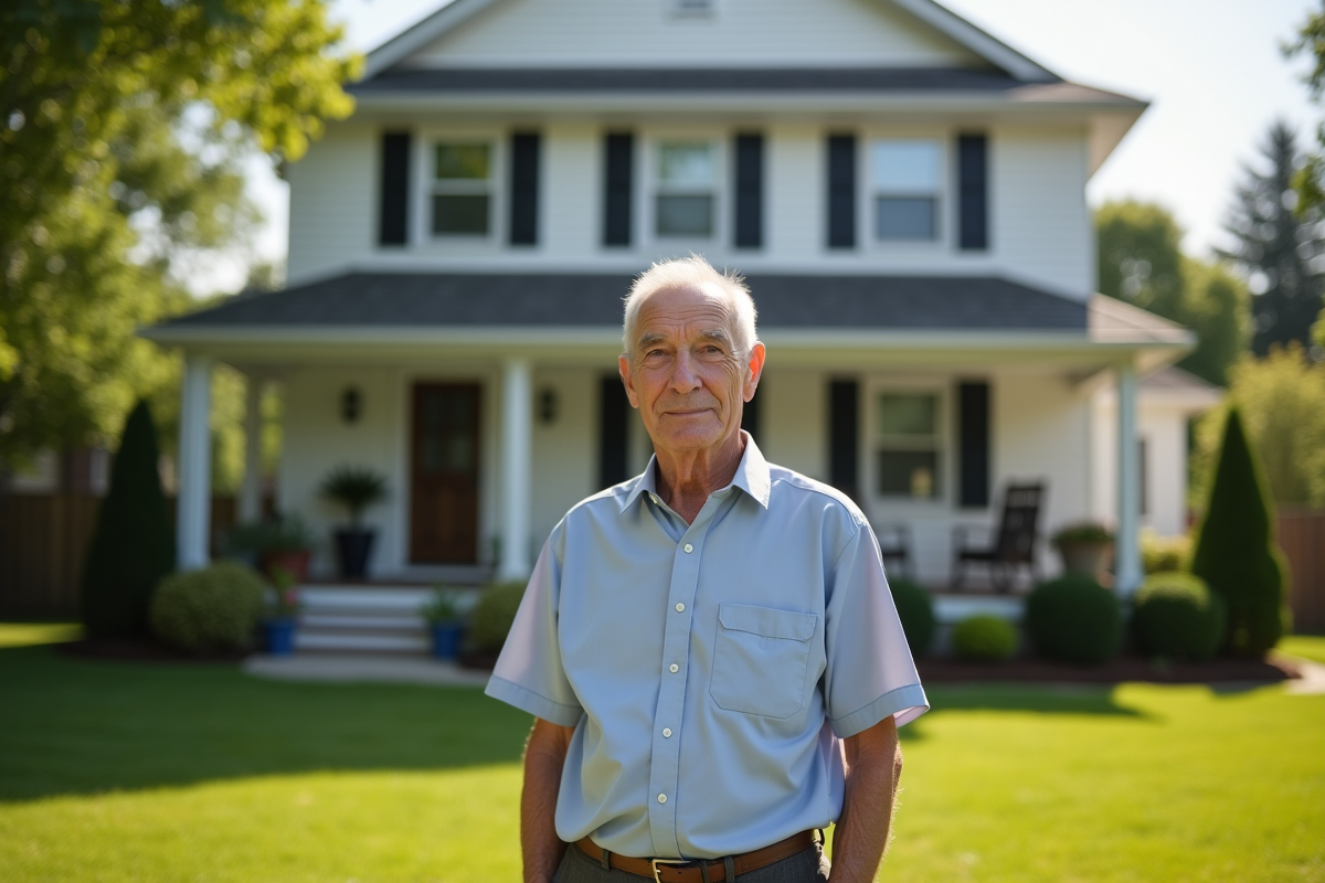 Homme âgé devant une maison américaine avec jardin
